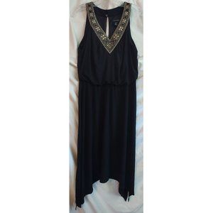 Black Synched Midi Dress With Gold Embroidery trim